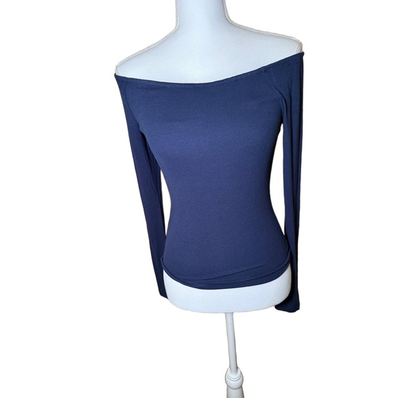 Favorite Daughter Womens Small Navy Off Shoulder Ribbed Top Long Sleeve - Picture 1 of 3
